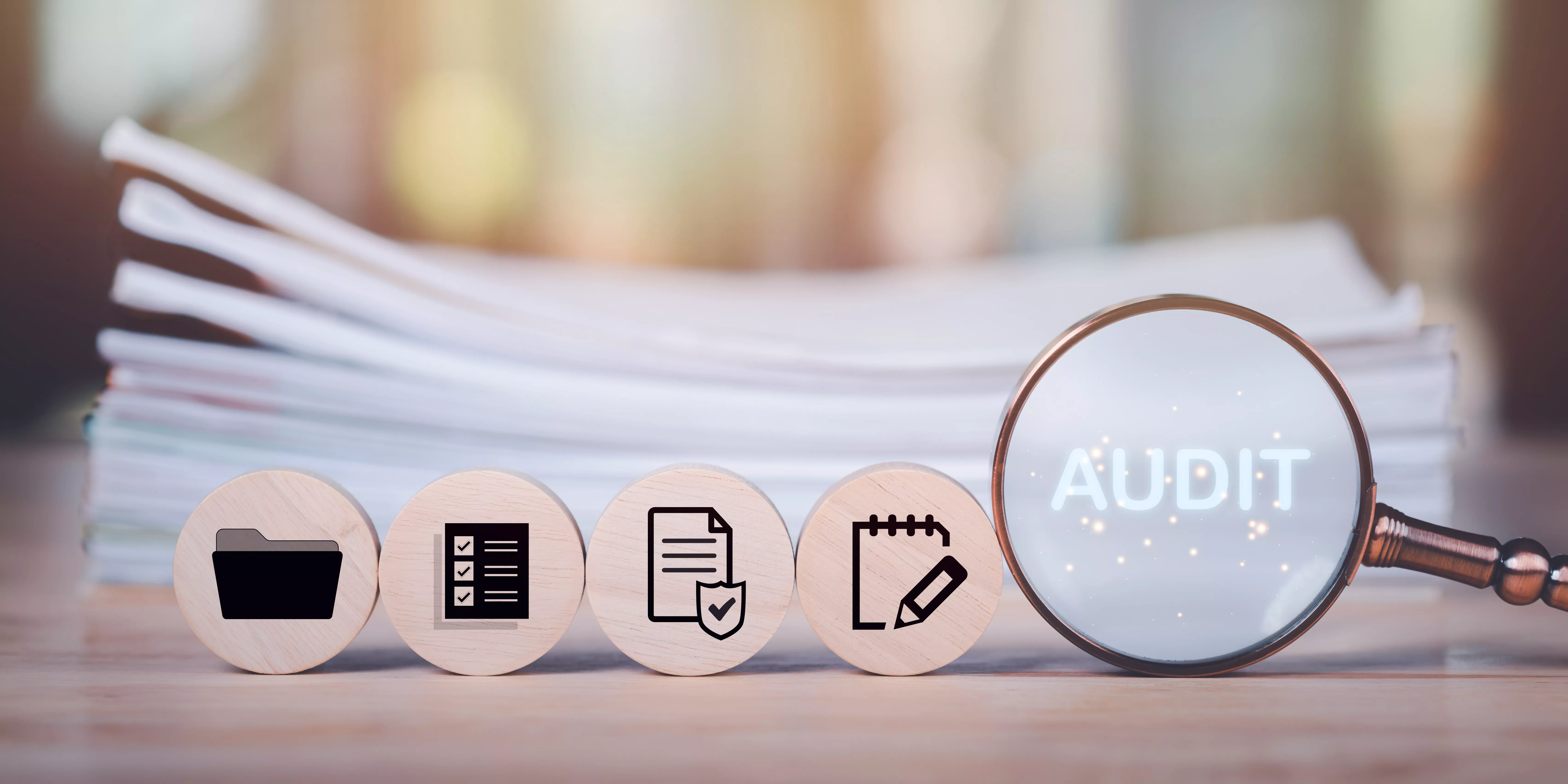 Lupa z napisem AUDIT oraz ikony dokumentacji i bezpieczeństwa na tle stosu papierów